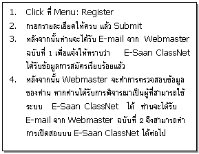 ͧͤ: 1.	Click  Menu: Register  2.	͡´ú  Submit  3.	ѧҡ鹷ҹѺ E-mail ҡ Webmaster Ѻ 1 Һ E-Saan ClassNet ѺšѤº  4.	ѧҡ Webmaster зӡõǨͺŢͧҹ ҡҹѺþԨó繼öк E-Saan ClassNet  ҹѺ   E-mail ҡ Webmaster Ѻ 2 ֧öӡԴ͹ E-Saan ClassNet     