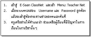 กล่องข้อความ: 1. เข้าสู่   E-Saan ClassNet  และเข้า  Menu: Teacher Net  2. เมื่อระบบตรวจสอบ Username และ Password ถูกต้องแล้วจะเข้าสู่ห้องกระดานข่าวของตนเองทันที   3. ครูเครือข่ายให้คำแนะนำ ช่วยเหลือผู้เรียนที่มีปัญหาในการเรียนในรายวิชานั้นๆ     